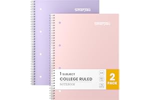 Smarpau Notebook A4, 8 mm Lined with Margin, 2 Pack Wirebound Notebook with 80GSM Paper, 140 Pages College Ruled Journal with Perforated Edges - Pink+Purple