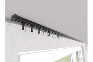 Market-Alley Vorhangschiene Aluminium Weiß/Schwarz Gardinenschiene ; C 1-läufig ; 120cm-600cm. Für Kräuselband Gardinen oder Schiebevorhang (Schwarz Gardinenschiene mit Faltenlegehaken ; 140cm)