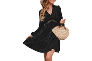 JENJON Donna Vestiti Estivo Scollo a V Elegante Manica Corta Vita Alta Puntini Ruffles Mini Abiti