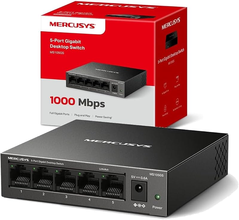 Mercusys MS105GS-Switch Ethernet Gigabit de 5 Puertos RJ45, Carcasa Metálica Resistente, Plug & Play, Sin Configuración, Bajo Consumo, Silencioso, Hub Ethernet, Ideal para Hogar, Oficina y Smart TV