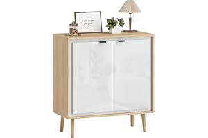 HOMCOM Credenza Cucina con 2 Ante, Mobile Cucina Moderno con Ripiano Regolabile e Piedi in Legno, Credenza Buffet per Soggiorno, Sala da Pranzo e Salotto, 72x35x77 cm, Bianco Lucido e Rovere