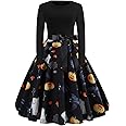GreaSmart Halloween Dresses Womens Long Sleeve Cocktail Swing Dress Skeleton Pumpkin Printed Cosplay Party Costume