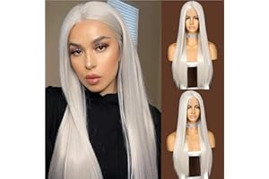 ‎SAPPHIREWIGS Sapphirewigs Platinum Grau Lange gerade Perücke für Frauen Spitze vorne Perücken mit mittelTeil japanische synthetische Haare 150% Dichte Täglich Halloween Weihnachten hitzebeständig 26 inch
