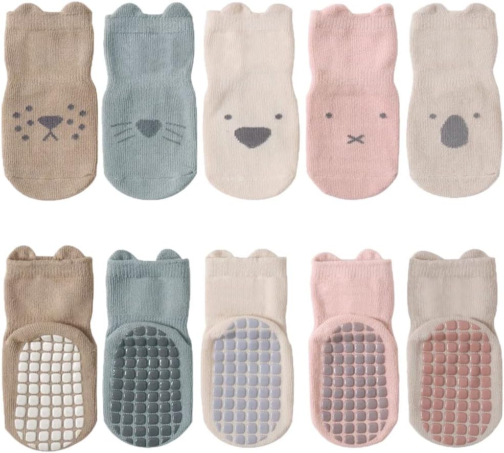 FedMois 5 Pairs Baby Kids Anti-slip Socks Cotton non skid Ankle Socks Animals