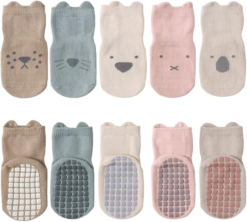 FedMois 5 Pairs Baby Kids Anti-slip Socks Cotton non skid Ankle Socks Animals