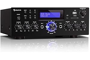 auna AMP-5 BT – Amplificador HiFi, Bluetooth, Potencia de Salida: 2 x 50 W RMS, USB/SD, Entrada AUX, DVD y CD, 2 Conectores de micrófono, Salida de grabación, Pantalla LED, Mando a Distancia, Negro