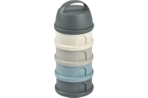 BÉABA Recipiente dosificador de leche en polvo, Dispensador de Leche Bebé, Apilable, 4 Compartimentos, 100% Hermética, Fabricado en Francia Uso evolutivo como caja de snacks, Mineral grey/blue