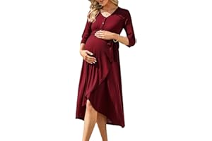 KOJOOIN Damen Umstandskleid 3/4 Ärmel Stillkleid Knopfleiste Schwangere Kleider mit Gürtel Schwangerschaftskleid Rundhals Umstandsmode (Verpackung MEHRWEG)