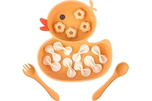 nohlerlife Assiette Bébé et Cuillère Fourchette Silicone Avec 2 Compartiment, Assiette Enfant Bol à Ventouse pour Bébé, Adapté au Lave-vaisselle et au Four à micro-ondes (Orange)