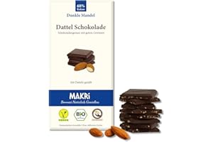 ‎MAKRI MAKRi® BIO Dattel Schokolade - ohne raffinierten Zucker, Mit Datteln gesüßt, Vegan & Fair gehandelt (Dunkle Mandel 68%, 1 Tafel)