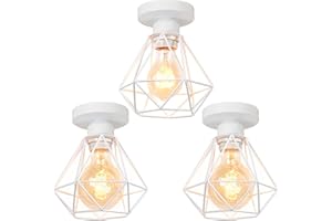 TOKIUS Lámparas de Techo Retro Plafón Ø 16cm Vintage Lámpara Colgante Diseño de Jaula de Hierro Blanco E27 Iluminación de Techo de Interior para Pasillo Porche Cocina Dormitorio (Plafon - 3 Piezas)