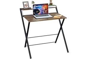GreenForest Folding Desk No Assembly Required Large Size,Computer Desk with 2-Tier Shelf Laptop Foldable Table for Small Spaces, Brown