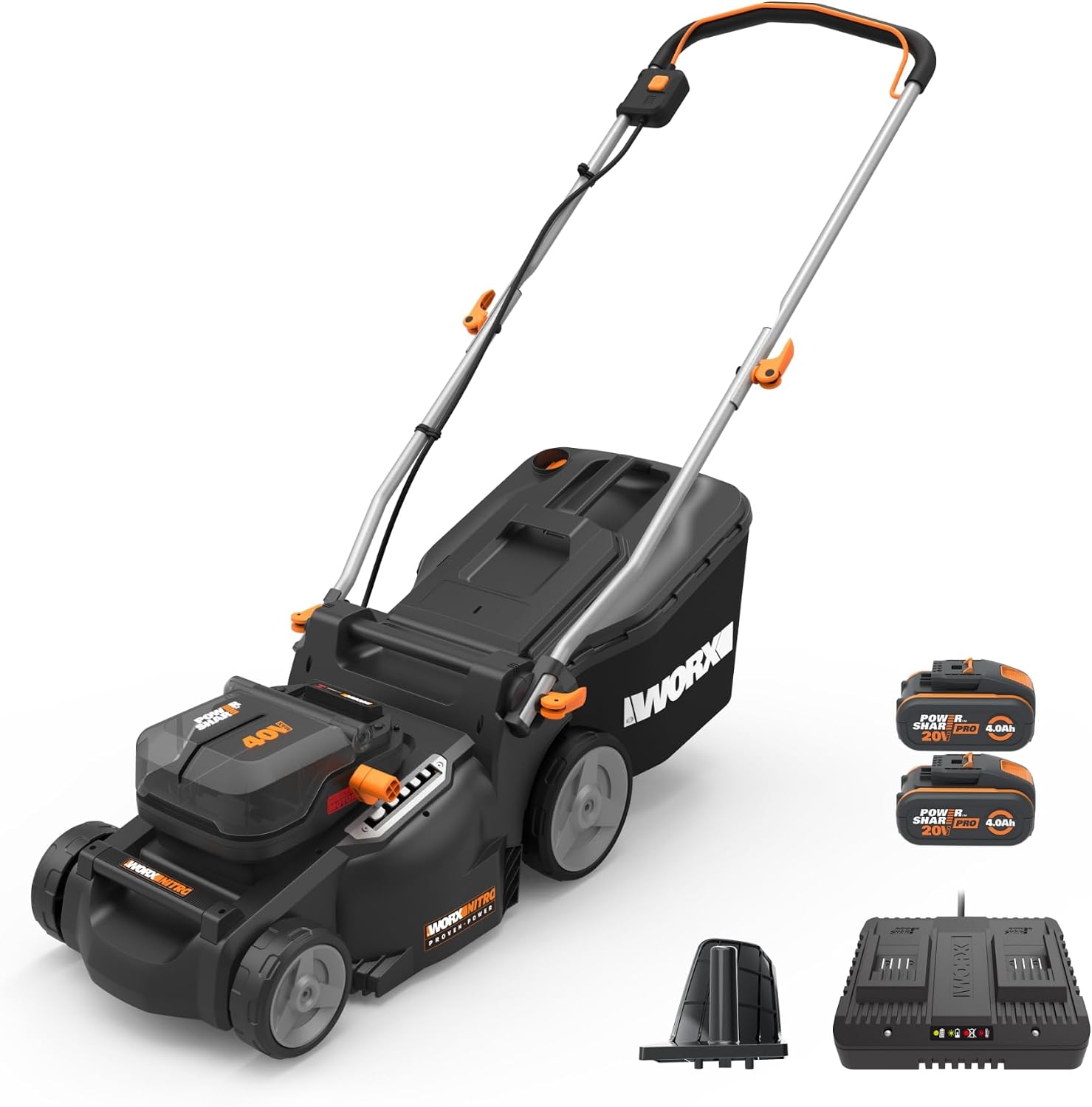 WORX WG737E 40V Brushless Cordless Lawnmower | Up to 550m² | 37cm Deck | IntelliCut | 2-in-1 Mulch & Collect | 6-Height Adjust | 2x 4.0Ah Batteries & Charger Included