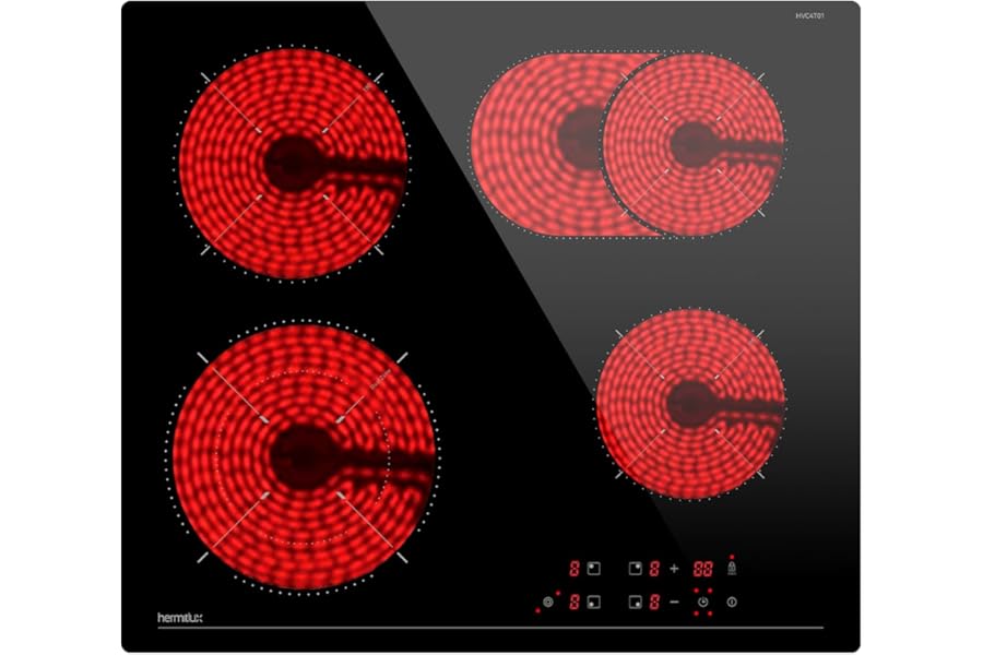 Hermitlux Glass Ceramic Hob 4 Burners, 7200W, 9 Levels, Touch Control, Timer, Child Safety