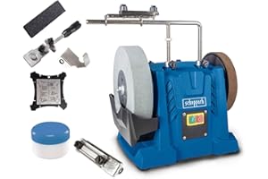 Scheppach Affûteuse à eau TIGER 7000S HOMEKIT | 200W | Meule en corindon supérieur de Ø 200mm, dispositif universel 40,60,70 inclus | Pâte à poncer | Disque à poncer en cuir | Jauge d'angle