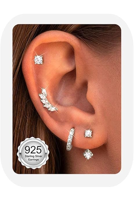 3 Paar Ohrringe Silber 925 Set - Huggie Creolen & Zirkonia Stecker