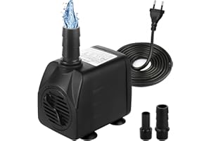 RUILALA Mini Wasserpumpen(450L/H, 8W) Ultra Leise Brunnen Pumpe mit 140cm Netzkabel Klein Aquarium Pumpe für Zimmerbrunnen, Aquarien, Brunnen, Hydrokultur, Teich 2 Düsen