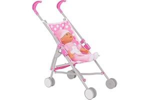 Dolly Tots Single Stroller | Pink Polka Dot Baby Doll Pushchair | Lightweight Toy Dolls Buggy with Umbrella Fold | Role Play Stroller for Kids | Perfect Baby Doll Pram for Girls & Boys Ages 2+