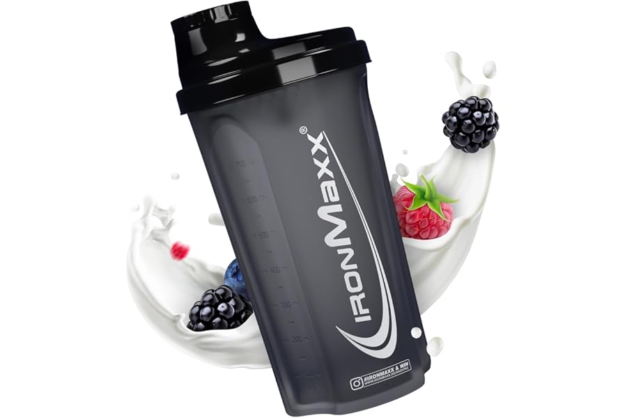 IronMaxx Protein Shaker - 700ml Negro Noche| Agitador de proteínas | Tapón de rosca, tamiz, escala | Sin BPA/DEHP, hermético,