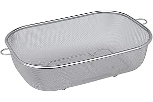 MGE WORLD MGE - Scolapasta Rettangolare Perforato con Manico e Base - Scolatutto in Acciaio Inossidabile con Maniglie e Base di Supporto - Colino Microforato - 30 x 21 x 9 cm