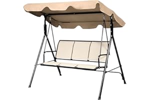 CASART 3 Seater Swing Chair, Steel Frame Hammock Chaise Lounger with Adjustable Canopy, Outdoor Swinging Seat for Garden Patio Bench Balcony(Fabric Seat, Beige)