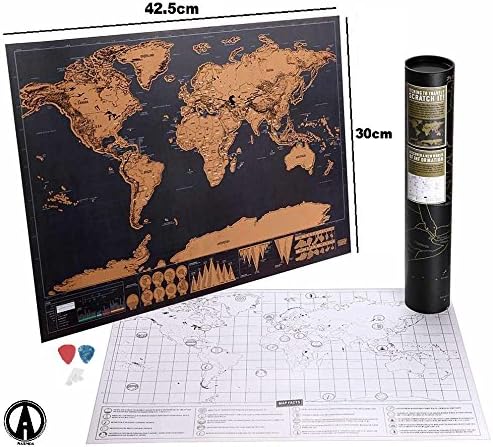 Scratch Off World Map Poster Travel Size Deluxe Design 42.5cm x 30cm Includes Personalised Gift Tube, Scratch Picks + Double Sided Adhesive Foam Pads Perfect Gift For Travellers &amp; Special Occasions