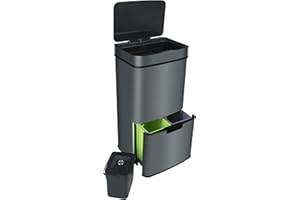 Ribelli Edelstahl - Mülltrennsysteme mit 3+1 Fächer - Mülleimer mit Sensor - 72 Liter (2x12 + 1x48 L) - Design Treteimer aus Edelstahl - Grau