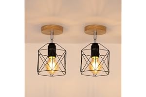Tealight 2 Piezas Lámparas de Techo Vintage, Retro Lámpara Colgante de Madera Metal Diseño de Jaula Pantalla Negro E27 Luz Iluminación de Techo Interior para Pasillo Dormitorio Salón (Plafón)