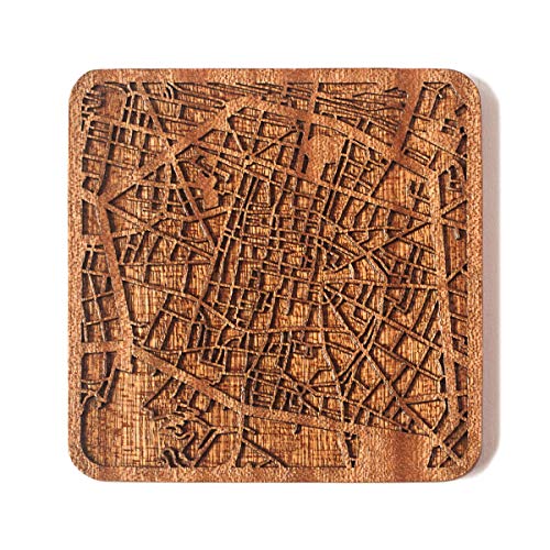 Bologna Coaster Posavasos Mapa, 1 pieza, madera de Sapele posavasos con mapa de la ciudad, hecho a mano, ciudad de múltiples opcional