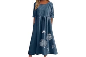Zeiayuas Cotton Linen Dresses for Women T Shirts Summer Midi Dress Short Sleeve Round Neck Long Dress Ladies Beach Loose Solid Color Casual Dresses UK Plus Size 8-22