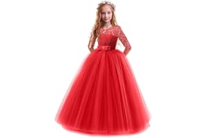 IWEMEK Enfants Fille Robe de Carnaval Princesse Longue en Dentelle avec Bowknot Demoiselle d'honneur Robe de Soirée Mariage Robe de Première Communion Anniversaire Fête Photographie 2-14 Ans