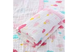 Hivia 110 * 110CM Mussole Neonato Cotone-6 Strati di Morbida e Confortevole Copertina Neonato Cotone,100% Cotone Coperta Neonato Adatto per Culla, Carrozzina|Nuvole Rosa