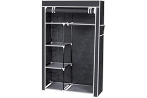 Karlhome 4-Tiers 6 Compartment Canvas Wardrobe, Portable Wardrobe Fabric Wardrobe with Shelves and Cover for Hanging Clothes, Clothes Rail with Cover for Bedroom, 42" L x 17.32" W x 67" H, Grey