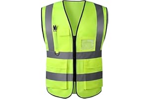 WLHGH Hochsichtbares reflektierendes Sicherheitsweste für Männer und Frauen - mit Taschen, Reißverschluss und reflektierenden Streifen (Neongelb, 3XL)