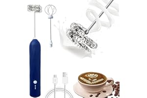 Tikysky Mousseur à lait électrique portable avec 2 têtes, fouet rechargeable par USB, 3 vitesses, mélangeur de mousse pour latte (bleu)