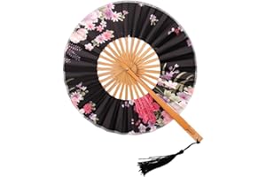 MIUPOO Japanese Fan Art Deco Round Fabric Print Bamboo Fan,Bamboo Round Folding Fan,Chinese Foldable Hand Fan for Women Birthday Wedding Party Home Decorations,Black.