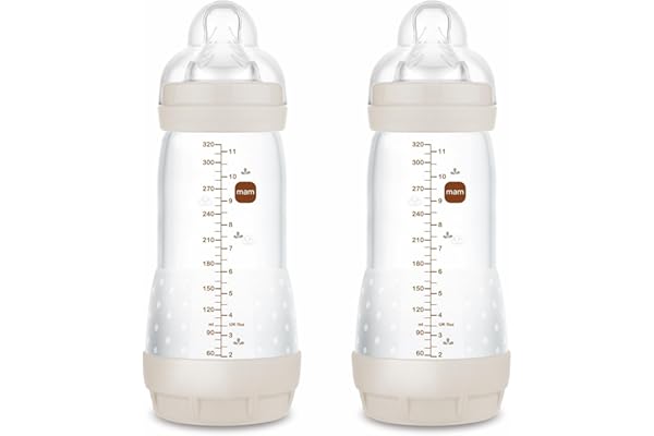 MAM Pack 2 Biberones Anticólicos, a partir de 4 Meses, 320ml, con Tetina 3 Flujo Rápido de Fácil Aceptación, Autoesterilizable y Fácil de Limpiar, MAM Easy Start Anti-Colic, Neutro Mate, Pack de 2uds