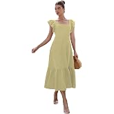 Sugathari Girl's & Women's Solid Color Square Neck, Ruffle-Trimmed Hem Sleeveless, Ruffle Armhole and Casual Dress with Cinch