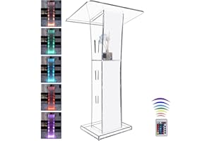 Afitdon Podio acrílico, Atril de acrílico Transparente con Estante de Almacenamiento, púlpito de la Iglesia con luz LED de 15 Colores, Soporte de podio de Estabilidad para Iglesia, conferencias