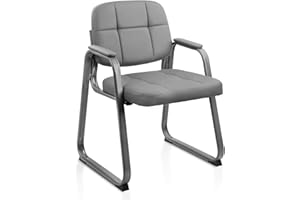 CLATINA Guest Waiting Reception Chair with Bonded Leather Thick Cushion and Padded Arm Rest, Sled Base Stationary Desk Chairs for Office Home Conference Meeting Lobby Hall Side Break Room, Grey