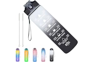 ZBPASL Borraccia Sportiva 1 Litro con di bere e cannuccia, borraccia motivante con indicatore del tempo, a prova di perdite e senza BPA, per sport, fitness e attività all'aperto (nero)