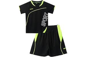 inhzoy Enfant Garçon Ensemble de Sport Football 2 Pièces Gymnastique Gym T-Shirt Sechage Rapide Manches Courtes Col Rond et Short de Jogging Running 7-14 Ans