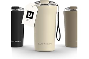 LARS NYSØM Termiczny kubek do kawy na wynos z uchwytem i pokrywką Tritan | kubek podróżny 0,5 litra z izolacją | szczelny stalowy kubeczek termiczny do kawy i herbaty (Almond Beige, 500ml)