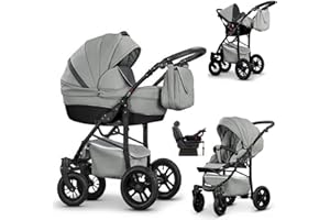 DEIN-BABYLÄDCHEN 17 teiliges Qualitäts-Reisesystem 4 in 1"COSMO-ECO" - KUNSTLEDER: Kinderwagen + Buggy + Autokindersitz + Iso Base + Schwenkräder - Mega-Ausstattung - Farbe (CE-23) GRAU-SCHWARZ KUNSTLEDER-SCHWARZ