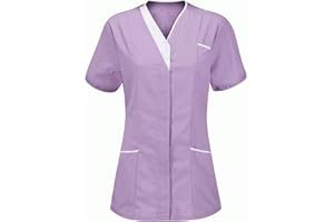 STPT Damen Pflegebekleidung mit Tasche Kurzarm V-Neck Krankenschwester Uniformen Arbeitskleidung Mischgewebe Kasack Krankenpfleger Uniformen Altenpflege Kurzarm Kasacks Damen Pflege