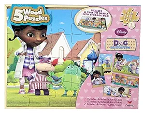 Doc McStuffins - 5 Wood Puzzles 80 Pieces Total with Storage Tray and Box