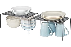mDesign Juego de 2 estantes de cocina – Soportes para platos individuales de metal – Pequeños organizadores de armarios para tazas, platos, alimentos, etc. – gris