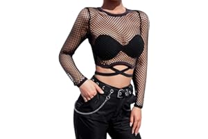 IBLUELOVER Kobiety hip-hop bandaż kabaretki podkoszulek z długim rękawem przezroczyste siateczkowe topy elastyczne wydrążone body bluza punk rock bluzka taniec uliczny kostium klubu czarny