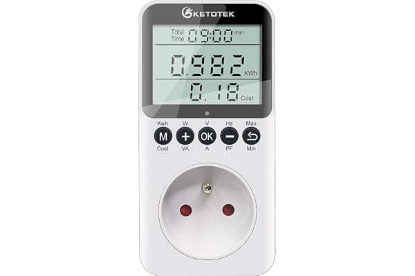 KETOTEK Wattmètre Prise Compteur d'Énergie, Prise de Consommation Électrique avec l'écran LCD, Consommation d'Énergie Mètre Wattmetre, Surcharges de Protection, 3680W