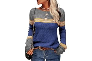 Tankaneo Damen Pullover Colorblock Langarm Rundhals Strickpullover Gestreift Slim Fit Strickwaren Tops